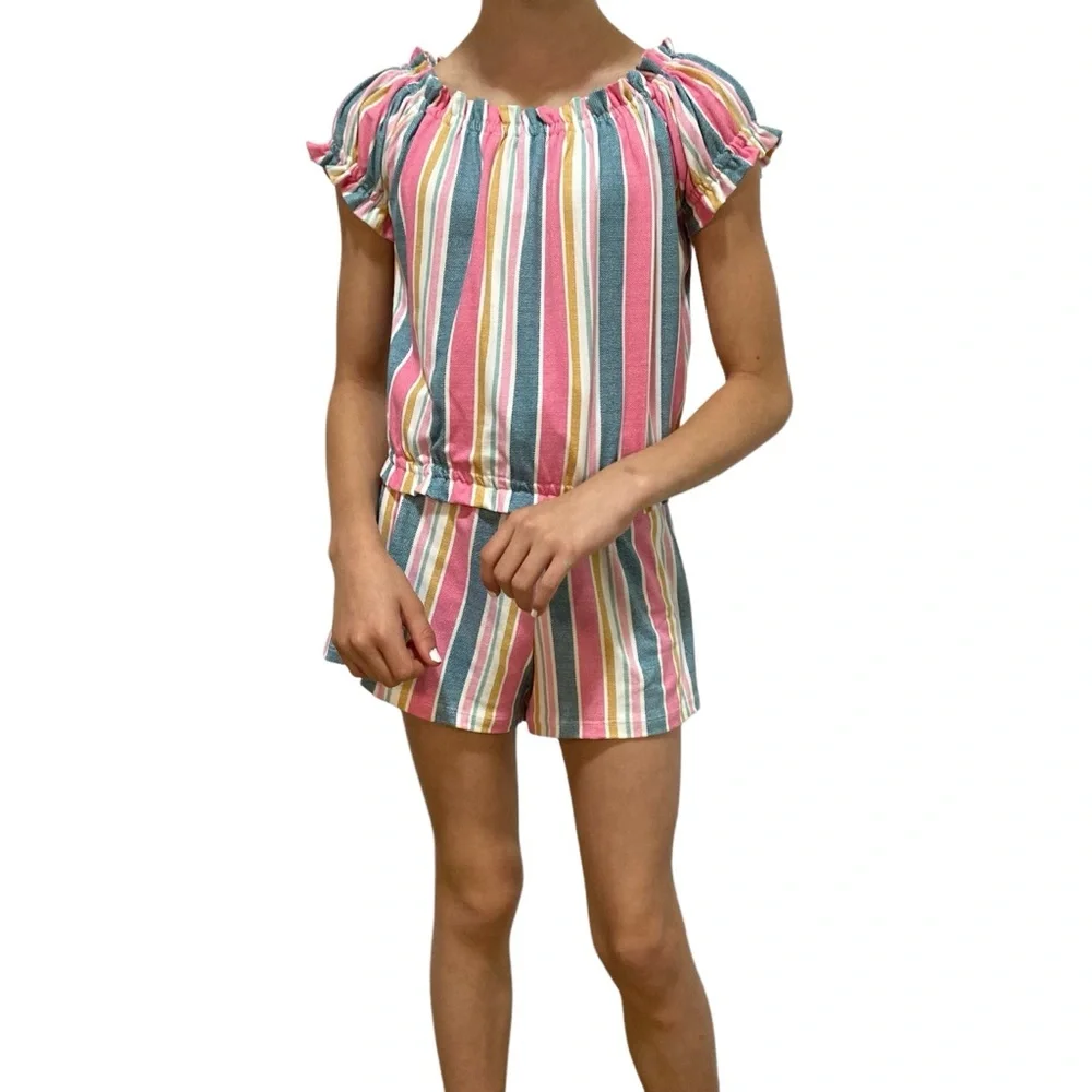 SHOSHO Top Shorts Set Size 10 Pink Stripes Comfortable Elastic Waist